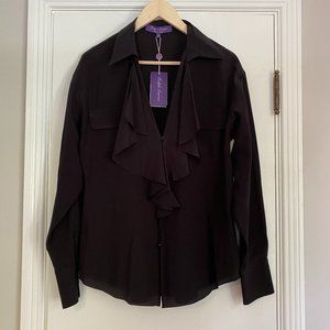 Ralph Lauren Purple Label Silk Ruffle Front Long Sleeve Blouse Black Size 12